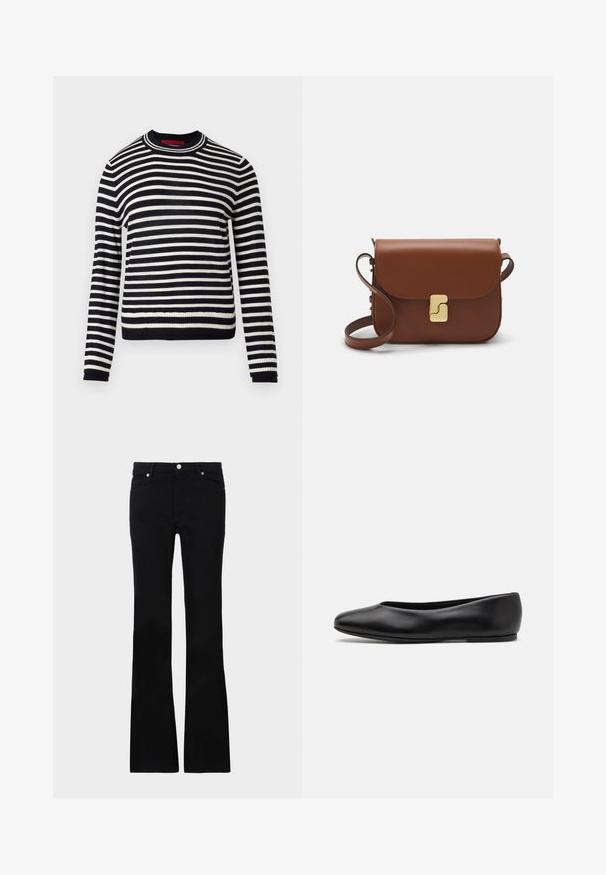 Sweter s črno-belimi črtami, okroglim izrezom, dolgimi rokavi, rebrastimi manšetami in robom. Narejen iz mehkega materiala z enakomerno razporejenimi vodoravnimi črtami.; Črne zvonaste kavbojke iz denima, ki imajo dve sprednji žepi, gumbasto zapiranje in gladko teksturo. Oznaka zašite vidna na šivih.; Paul Smith TOPANGA - Balerinke - black; Rjava usnjena torbica s poklopcem, zlato obarvani okovi, naramnica in gladka tekstura. Kompaktna pravokotna oblika.