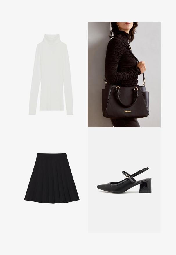 Suéter branco de gola alta com nervuras, mangas longas, textura suave e um design ajustado, sem fechos visíveis.; Saia preta plissada feita de tecido texturizado com uma faixa na cintura ajustada. Cai até ao joelho, apresentando uma silhueta suave e limpa.; Sabrinas de cerâmica preta com salto bloco, bico apontado e um design com recortes arredondados. Apresenta um detalhe em fivela de tom dourado.; Bolsa preta com superfície texturizada, alças superiores duplas e alça de ombro ajustável. Apresenta ferragens em tom dourado e bolsos laterais.