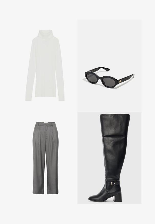Baltas vertikalus juostuotas megztinis su aukšta apykakle, ilgomis rankovėmis, minkšta tekstūra, prigludusio silueto ir be matomų užsegimų.; Pilkos pritaikytos kelnes su tiesia siluetu, turinčiomis raukšlėtą priekį, blizgią audinio tekstūrą ir klasiką atitinkantį juosmens dizainą.; Juodas odinis aulinis batas iki kelių su blokuotu kulnu ir dekoratyvia juostele su auksine sagtimi virš kulkšnies, šoninis vaizdas ant balto fono.; Juodos ovalios saulės akinių su tamsiais lęšiais ir blizgia plastiko apvadu. Su auksiniu logotipu ant šventyklos, siūlo elegantišką ir modernų dizainą.
