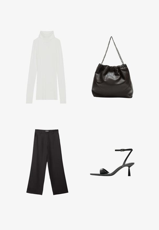 Bílý žebrovaný rolák s dlouhými rukávy, měkká textura a vysoký rolák, s fitted designem a bez viditelných zapínání.; Černé široké kalhoty vyrobené z hladké tkaniny, s předním zipem a dvěma bočními kapsami, s dobře padnoucím střihem a minimalistickým designem.; Bershka Sandály na vysokém podpatku - black; Hnědá kožená taška se sbíraným vrškem a řetízkovým popruhem. Hladký povrch s lesklým finišem a jemným švem na bocích.