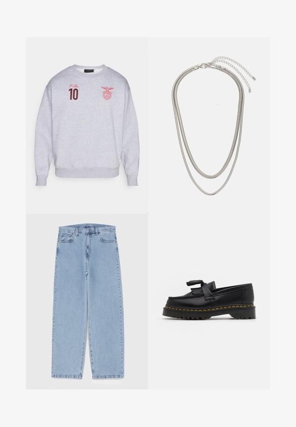 Pilkas džemperis su apvalia iškirpte, ilgomis rankovėmis ir raudonais siuvinėjimais, įskaitant skaičių 10 ir logotipą. Minkšta medžiaga.; Šviesiai mėlyni džinsai su tiesiomis kojomis, turintys vidutinio aukščio juosmenį, penkias kišenes ir mygtuko bei užtrauktuko uždarymą.; Juodas odinis loaferis su kutais, turintis masyvų juodą pado ir geltonus siūlus palei kraštą. Textūruota danga.; Trijų sluoksnių sidabrinė metalinė apyrankė, kuri pasižymi stilingomis, lankstosiomis grandinėlėmis su švelniu blizgesiu, užsegama krabų užsegimu ir reguliuojama grandinė.