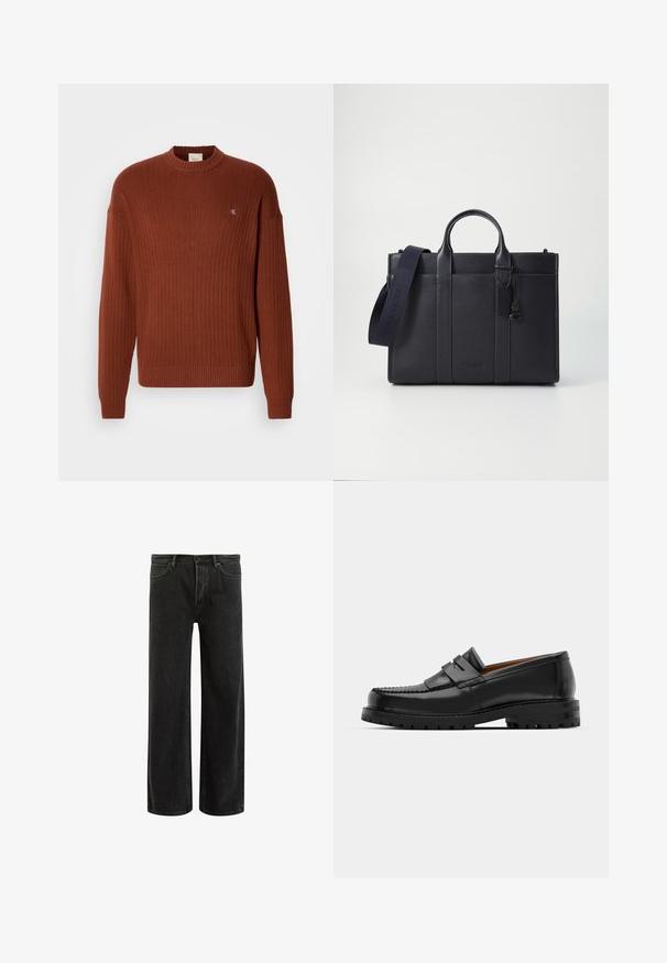 Rostfarbener, gerippter Pullover mit Rundhalsausschnitt, der ein kleines Logo auf der Brust und einen legeren Schnitt aufweist. Hergestellt aus einem strukturierten Strickmaterial.; Schwarze, weit geschnittene Jeans aus Denim mit hoher Taille, im klassischen Fünf-Taschen-Design und subtilem Verblassen für eine strukturierte Optik.; Schwarze Lederloafer verfügen über eine erhöhte Naht, zwei dekorative Riemen im oberen Bereich und eine dicke, strukturierte Sohle für zusätzlichen Halt.; Dunkelblaues Lederaktentasche mit doppelten oberen Griffen und einem abnehmbaren Gurt. Merkmale sind die strukturierte Oberfläche, vertikale Nähte und das Logo-Detail.