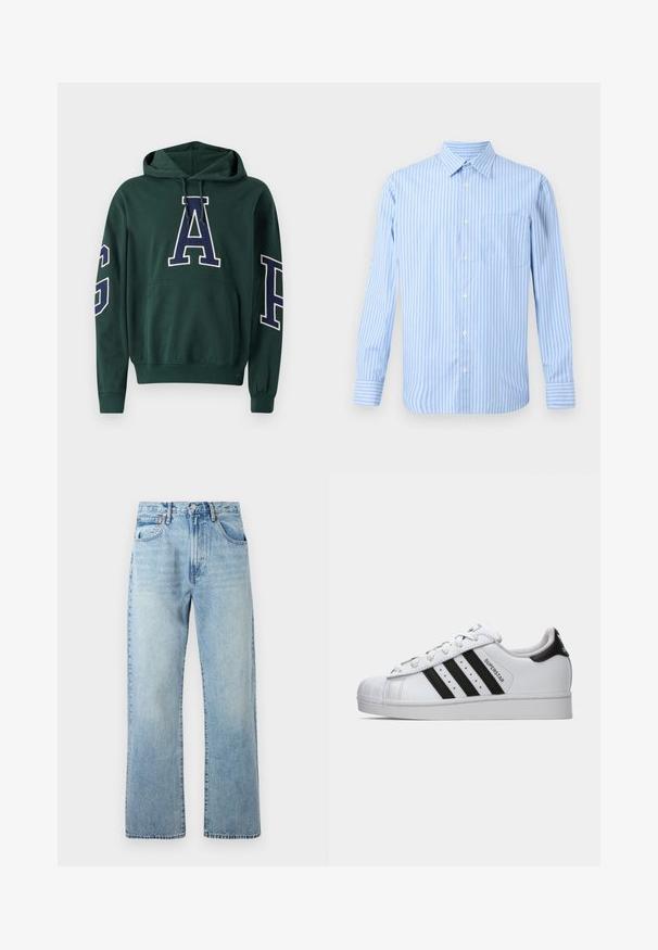 Πράσινη hoodie με μπροστινή τσέπη. Διαθέτει μεγάλες λευκές και ναυτικές λέξεις "GAP" στα μανίκια και στο στήθος. Είναι φτιαγμένη από μαλακό, υφασματοποιημένο ύφασμα.; Ανοιχτό μπλέ και λευκή ριγέ πουκάμισο με μακριά μανίκια και κουμπιά, διαθέτει μία τσέπη στο στήθος. Απλός, κλασικός σχεδιασμός σε ουδέτερο φόντο.; Ανοιχτό μπλε τζιν παντελόνι με φαρδιές ίσιες γραμμές, σχεδίαση πέντε τσεπών και ζώνη στην ελαστική μέση. Το ύφασμα παρουσιάζει μια ελαφρώς ξεθωριασμένη υφή.; Λευκό παπούτσι Adidas Superstar με μαύρες ρίγες, καπάκι σε σχήμα κελύφους και κείμενο "Superstar" στο πλάι, εμφανίζεται σε αριστερό προφίλ σε λευκό φόντο.