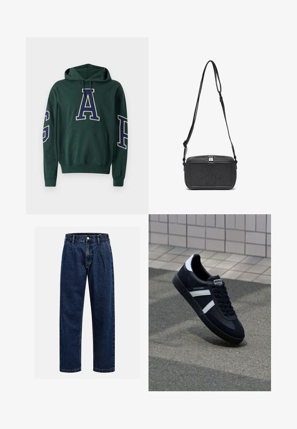 Felpa verde con tasca anteriore. Presenta grandi lettere bianche e navy "GAP" sulle maniche e sul petto. Realizzata in tessuto morbido e texture.; Jeans in denim blu scuro con design a gamba dritta. Presentano cuciture visibili, una chiusura con bottone e pieghe frontali per un tocco di dettaglio in più.; Sneaker neri in pelle con strisce bianche, suola in gomma texturizzata e allacciatura frontale. Presenta un'etichetta con il marchio sulla linguetta.; Borsa a tracolla nera in pelle con chiusura zip, logo impresso sul davanti e tracolla regolabile. Texture liscia con forma rettangolare.