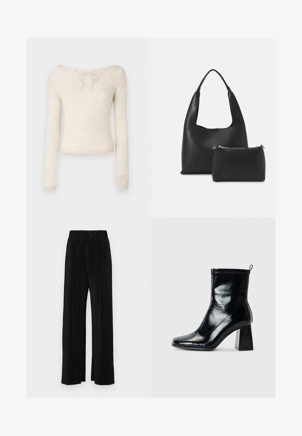 Pull long beige clair à manches longues, avec un décolleté à scoop orné d'un nœud et en tissu tricoté doux et texturé.; Pantalons plissés noirs avec une taille élastique. Présente des jambes larges et un tissu lisse texturé avec des rayures verticales.; Bottine en patin noir avec un bout carré et un talon géométrique épais. Présente une texture lisse et brillante ainsi qu'une languette à l'arrière pour un enfilage facile.; Even&Odd Sac à main - black