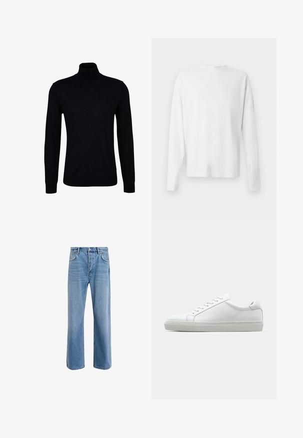 Schwarzer Rollkragenpullover aus einem glatten Strickstoff. Verfügt über lange Ärmel, einen eng anliegenden Kragen und gerippte Bündchen sowie Saum für eine optimale Passform.; Langärmliges weißes Baumwollhemd mit rundem Ausschnitt, seitlichen Schlitzen am unteren Rand und glatter Textur, von hinten präsentiert.; Helle blaue Jeans im Geradeschnitt-Design, mit fünf Taschen, Knopfverschluss, minimaler Ausbleichung und kontrastierenden Nähdetails.; Weißer Sneaker mit glattem Lederobermaterial und niedrigem Profil. Verfügt über eine runde Zehenpartie, sechs Ösen und eine strukturierte Gummisohle.
