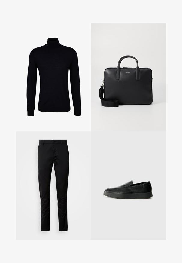 Fekete garbópulóver sima kötött anyagból. Hosszú ujjakkal, testhezálló nyakkal, illetve bordázott mandzsettákkal és aljjal rendelkezik a kényelmes viselet érdekében.; Fekete, slim fit nadrág, sima szövetből készült. Gombos derékrésszel és egyenes lábakkal rendelkezik.; Calvin Klein HYBRID CUP - Belebújós cipők - triple black; Fekete bőr aktatáska strukturált felülettel, kettős fogantyúval, levehető vállpánttal és elülső logóval. Cipzáras záródás.