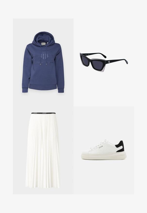 GANT TONAL SHIELD HOODIE - Sweatshirt com capuz - dusty navy; Saia plissada branca com uma cintura elástica preta que apresenta o logótipo "LACOSTE". Design de comprimento médio com textura suave.; Sapatilhas brancas de couro com uma sola branca espessa, detalhe em camurça preta no calcanhar e logótipo em relevo na lateral. Design com atacadores e seis ilhós.; Óculos de sol oversized pretos com forma geométrica, apresentando lentes escuras e um detalhe cinza em contraste na armação. Logotipo na haste.