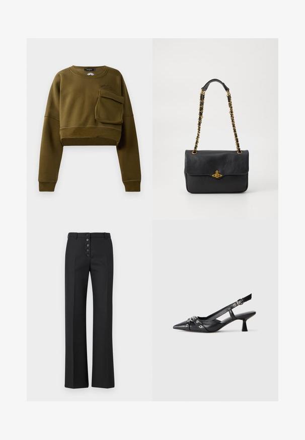 Ελιάς πράσινη κοντή μπλούζα με στρογγυλή λαιμόκοψη, μακριά μανίκια και μπροστινή τσέπη. Διαθέτει υφή υφάσματος και διακριτική λεπτομέρεια λογότυπου.; The Kooples PANTALON - Παντελόνι - black; Μαύρο δερμάτινο παπούτσι slingback με μυτερή μύτη, διακοσμητικές λωρίδες με μεταλλικά μάτια και χαμηλό μπλοκ τακούνι. Υφή επιφάνειας.; Μαύρη δερμάτινη τσάντα χειρός με καπάκι που διπλώνει, χρυσή αλυσίδα (strap) και λεπτομέρεια με λογότυπο στο μπροστινό μέρος. Λείος υφής.