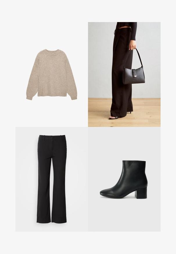 Beige neulottu villapaita pyöreällä kaula-aukolla, pitkät hihat ja teksturoitu pinta. Vahvistettu mansetit ja helma. Rentomekoinen malli, yksinkertainen muotoilu.; Mustat puuvillasekoitetekstiilit, jossa on suora lahje, etunappi kiinnitys ja kaksi sivutaskua. Sileä rakenne, ei näkyviä kuvioita.; Musta nahkasaappaat nilkkapituudella, jossa on terävä kärki ja paksu korko. Silkkinen pinta, jossa on minimaaliset yksityiskohdat ja tyylikäs, istuva muotoilu.; Musta käsilaukku, jossa on rakenteellinen muoto, sileä pinta ja metallinen solki. Yhdistetty leveisiin mustiin housuihin ja avonaiheisiin sandaaleihin puulattialla.