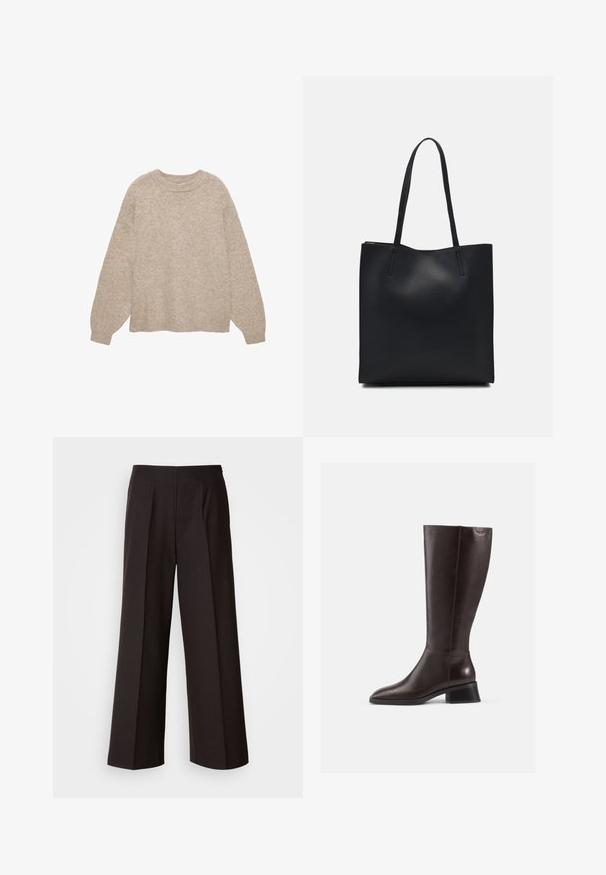 Beige gestrickter Pullover mit Rundhalsausschnitt, langen Ärmeln und texturiertem Finish. Mit gerippten Bündchen und Saum. Lässige Passform, minimalistisches Design.; Schwarze weite Hosen mit flachem Vorderteil, Falten und einer glatten Stoffstruktur. Sie haben eine hohe Taille und einen taillierten Schnitt für eine strukturierte Passform.; Knöchelhohe, braune Lederstiefel mit glatter Oberfläche, abgerundeter Spitze und gestapeltem schwarzen Absatz. Schlichtes Design mit minimalen Hardware-Details.; Schwarze Laptoptasche aus Leder mit glatter Textur, rechteckiger Form und zwei langen Griffen. Keine sichtbaren Beschläge oder Verzierungen.
