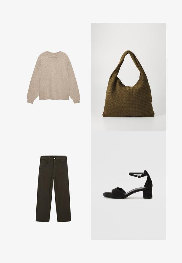 Beige gestrickter Pullover mit Rundhalsausschnitt, langen Ärmeln und texturiertem Finish. Mit gerippten Bündchen und Saum. Lässige Passform, minimalistisches Design.; Dunkelgrüne Jeans im weit geschnittenen Style, hergestellt aus einem Baumwollgemisch. Sie verfügen über einen Frontknopfverschluss, fünf Taschen und klassische Denim-Nähte.; Schwarze Wildleder-Espadrilles mit einem dünnen Knöchelriemen, offener Zehenpartie und moderatem Blockabsatz. Glatte Textur und minimale Akzente.; Gewebte Handtasche in Olivgrün mit einer geräumigen, runden Form und einem einzelnen, verlängerten Tragegriff. Strukturiere Oberfläche.