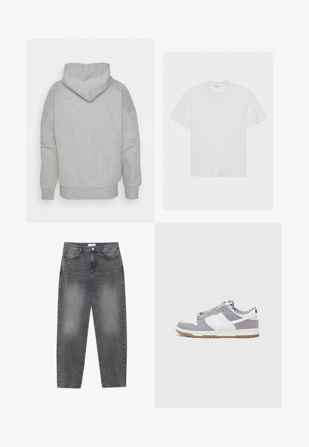 Pelēks kapuci ar pieguļošu kapuci, platām piedurknēm un ribota apakša. Mīksts, teksturēts audums bez redzamām rakstām vai aparatūras detaļām.; Balts kokvilnas T-krekls ar īsām piedurknēm, apaļu kakla izgriezumu un brīvu piegriezumu. Gluda tekstūra un nav redzamu rakstu vai akcentu.; Augsta vidukļa, platā stila džinsi izbalējušā melnā denima. Ar pieciem kabatām, jostas cilpām un tīru, taisnu kāju dizainu.; Pelēki un balti sporta apavi ar zamšādas un ādas virsu, noapaļota purngala, plakaniem šņorēm un gumijas zoli ar gumijas akcentu.