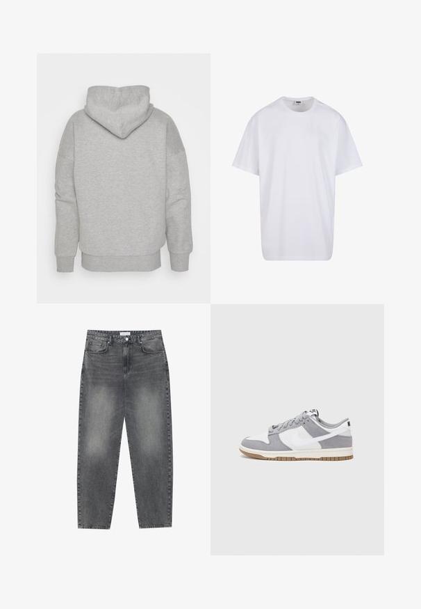 Felpa grigia con cappuccio aderente, maniche ampie e orlo a costine. Tessuto morbido e testurizzato senza motivi visibili o dettagli in metallo.; Maglietta bianca in cotone con maniche corte, scollatura rotonda, vestibilità comoda e senza loghi o motivi visibili. Texture liscia e design minimale.; Jeans a vita alta, dal taglio ampio in denim nero sbiadito. Presentano cinque tasche, passanti per cintura e un design dritto e pulito.; Sneaker grigia e bianca con tomaia in suede e pelle, punta arrotondata, lacci piatti e soletta in gomma con un accento color caramello.