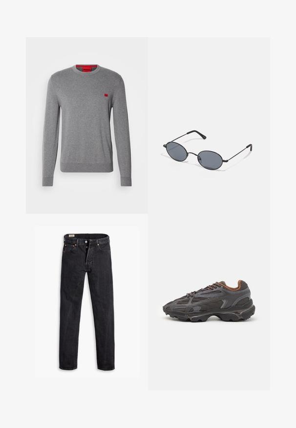 HUGO SAN CASSIUS szary; Czarne dżinsy o prostym kroju. Posiadają pięć kieszeni, dwa zapięcia z przodu na guziki oraz subtelne kontrastowe szwy. Matowa tekstura.; Sneakers Lacoste w ciemnoszarym kolorze, wykonane z siateczki i materiału syntetycznego, z teksturowaną podeszwą oraz brązowymi akcentami na kołnierzu i logotypie.; Czarne owalne okulary przeciwsłoneczne z ciemnymi szkłami i cienkimi metalowymi oprawkami. Posiadają smukłe zauszniki z delikatnym łukiem na końcach.