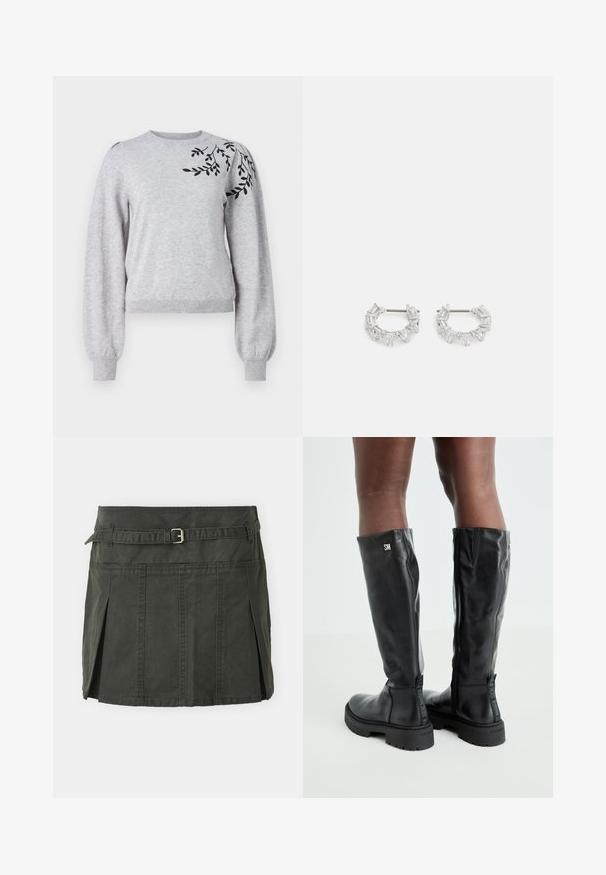 Object OBJTHESS EMBROIDERY PULLOVER - Vesta - light grey melange; Tamnozelena pamučna mini suknja s uskim strukom, remenom i prednjim plisama. Sadrži detalje šivanja i klasičan kroj.; Crne kožne čizme do koljena s glatkom teksturom, okruglim vrhom, debelim potplatom i zatvaranjem na patentni zatvarač. Sadrže srebrni logo sa strane.; Srebrne naušnice s okruglom petljom koje sadrže prozirne, pravokutne i trokutaste kristale raspoređene u uzorak. Kopče za sigurno pričvršćivanje.