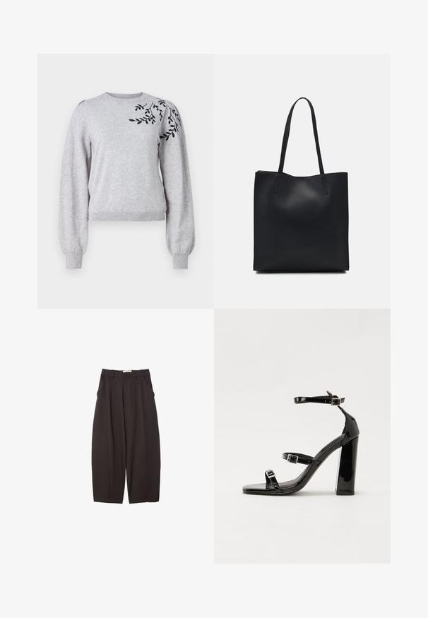 Object OBJTHESS EMBROIDERY PULLOVER - Svetrík - light grey melange; Čierne široké nohavice vyrobené z hladkej tkaniny, s vysokým pásom, prednými skladmi a bočnými vreckami. Jednoduchý dizajn bez ozdôb.; Čierne lakované sandále na podpätku so štvorcovou špičkou, navlečenými remienkami okolo členku a striebornými prackami. Disponujú masívnym blokovým podpätkom pre stabilitu.; Čierna kožená taška na rameno s hladkým povrchom, obdĺžnikovým tvarom a dvoma dlhými uchami. Bez viditeľného kovania alebo ozdôb.