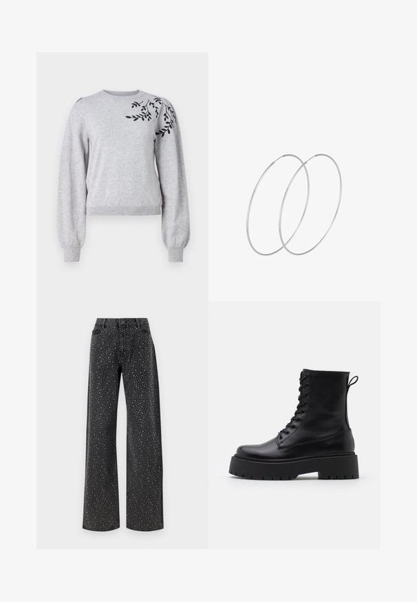 Object OBJTHESS EMBROIDERY PULLOVER - Strickpullover - light grey melange; Noisy May NMJANNEL LOOSE - Jeans Relaxed Fit - black denim; Schwarze Lederstiefeletten mit runder Zehenpartie, Schnürung vorne und einer dicken Gummisohle mit strukturiertem Profil. Mit Zugschlaufe an der Rückseite.; Silberne Creolen mit minimalistischem Design. Rundform, glatte Oberfläche und dünnes Profil. Leichtgewichtig mit hochglänzender Oberfläche.