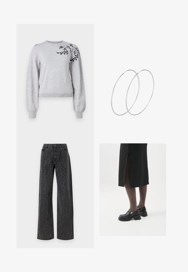Object OBJTHESS EMBROIDERY PULLOVER - Strickpullover - light grey melange; Noisy May NMJANNEL LOOSE - Jeans Relaxed Fit - black denim; Schwarze Lederschuhe mit abgerundetem Zeh, dicker Blockabsatz und elastischen seitlichen Akzenten, kombiniert mit dunklen Strumpfhosen und einem schwarzen Rock mit Schlitz.; Silberne Creolen mit minimalistischem Design. Rundform, glatte Oberfläche und dünnes Profil. Leichtgewichtig mit hochglänzender Oberfläche.