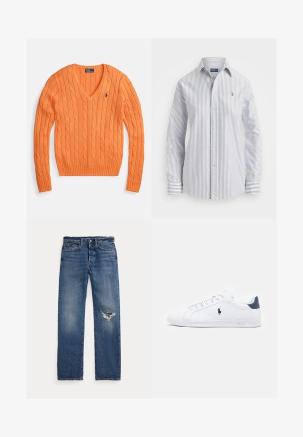 Oranžový svetr s výstřihem do V, copánkovým vzorem a žebrovaným lemem a manžetami. Na levé straně hrudi je malé logo. Vyrobený z měkkého pleteného materiálu.; Páskovaná košile na knoflíky v světle modré a bílé barvě, vyrobená z měkké tkaniny, s klasickým límcem a vyšitým logem na hrudi.; Modré denimové džíny s středně vysokým pasem, pěti kapsami a roztržením na pravém koleni.; Bílé kožené tenisky s hladkým povrchem, námořnickými akcenty a malým logem na boku. Mají ploché tkaničky a texturovanou gumovou podrážku.