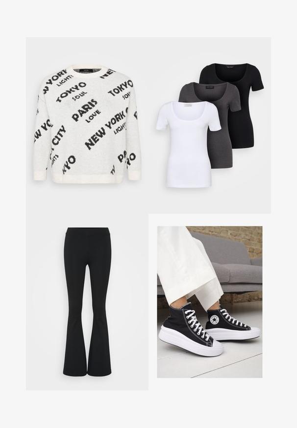 Weißer Strickpullover mit übergroßem schwarzem Text von Städtenamen wie "PARIS" und "TOKYO", mit Rundhalsausschnitt und gerippten Bündchen.; Drei figurbetonte T-Shirts in Weiß, Grau und Schwarz. Jedes hat einen weiten Rundhalsausschnitt und kurze Ärmel. Hergestellt aus glattem, elastischem Stoff.; Schwarze, ausgestellte Hosen aus dehnbarem Material mit hohem Bund und glatter Textur. Die Hose weitet sich ab dem Knie.; Schwarze Canvas-Hochtop-Sneakers mit weißen Gummisohlen und Schnürsenkeln. Mit einem runden Logo an der Seite und kontrastierendem weißen Nähten.