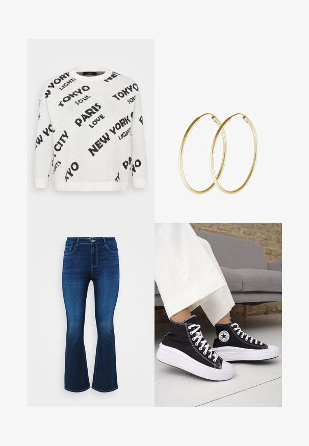 White knit sweater featuring oversized black text of city names, such as "PARIS" and "TOKYO," with a crew neckline and ribbed cuffs.; Dark blue flared jeans made from denim, featuring five-pocket design, zip fly with a button, and contrasting stitching along the seams.; Black high-top sneakers with white rubber soles and laces. Features a round logo patch and contrasting white stitching. Canvas material.; Gold hoop earrings featuring a smooth, rounded design with a shiny finish. Lightweight construction with a secure clasp closure.