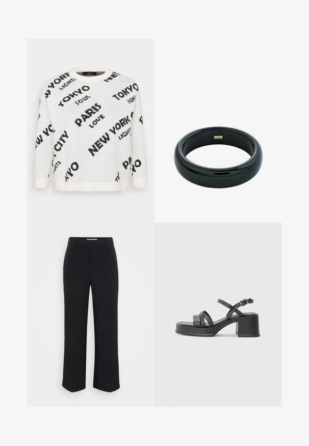White knit sweater featuring oversized black text of city names, such as "PARIS" and "TOKYO," with a crew neckline and ribbed cuffs.; Black wide-leg trousers with a smooth texture, featuring a flat waistband and side pockets, designed with a minimalist aesthetic.; Black heeled sandals with multiple narrow straps and a round toe. The heel is block-shaped with a smooth texture. Adjustable buckle closure.; Black resin bangle bracelet with a smooth, shiny surface and rounded edges. Features a small gold "Pilgrim" logo on the interior.
