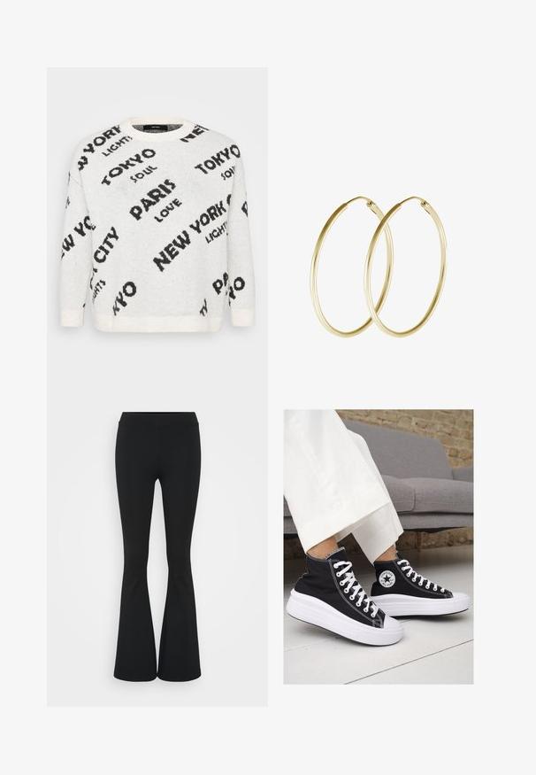 Bela pletena jopica z oversized črnim besedilom imen mest, kot sta "PARIZ" in "TOKIO", z okroglim izrezom in rebrastimi manšetami.; Črne hlače s širokimi hlačnicami, izdelane iz raztegljive tkanine, z visokim pasom in gladko teksturo. Hlače se širijo od kolena navzdol.; Črne platnene visoke superge z belimi gumijastimi podplati in vezalkami. Imajo krožni logotip na strani in kontrastno bele šive.; Zlate obročaste uhane z gladkim, zaobljenim dizajnom in sijočo končno obdelavo. Lahka konstrukcija z varnim zapiranjem.