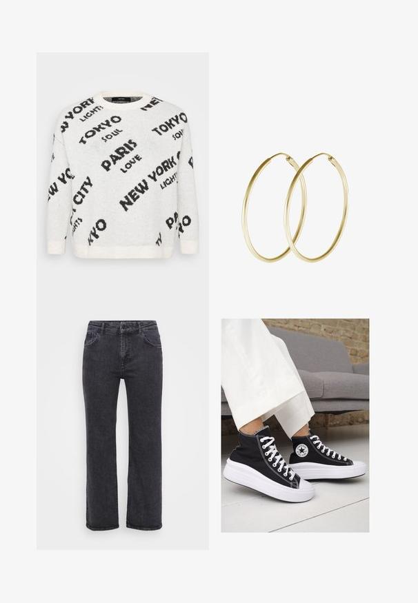 Valge kudum, millel on üleolevad mustad tekstid linnade nimedest, nagu "PARIIS" ja "TOKYO", ümar kaelus ja soonikkoes varrukaotsad.; Mustad teksased mustast denimist, sirge jala disainiga, viie tasku ja nupuga kinnitusega. Kanga tekstuur on veidi kulunud ja tugev õmblus.; Mustad musträgiga kõrge vars sneakerid valgete kummist tallade ja paeltega. Küljel on ringikujuline logo ja kontrastne valge õmblus.; Kuldne rõngaskõrvarõngad, millel on sujuv ja ümar disain, ning läikiv viimistlus. Kerge konstruktsioon koos kindla klambriga.