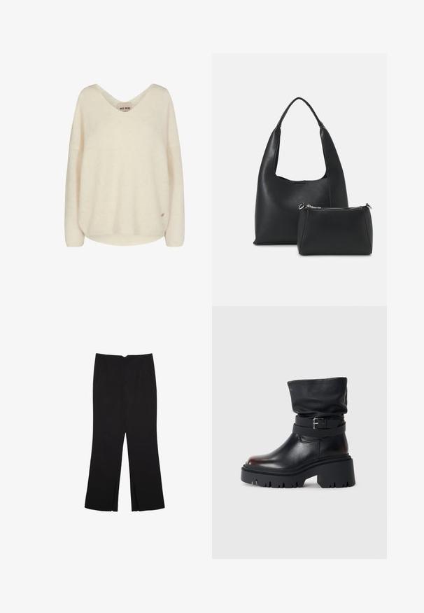 Krémový pletený svetr s výstřihem do V, sníženými rameny a žebrovanou strukturou. Na spodní straně má malou štítek s logem.; Černé kalhoty s rovným střihem, s předními kapsami a bočními rozparky na lemu. Vyrobené z jemné, hladké tkaniny. Vhodné na různé příležitosti.; Černé kožené kotníkové boty s volným horním dílem, detailem přezky a silnou, robustní podešví. Mají kulatou špičku a hladký povrch.; Even&Odd Kabelka - black