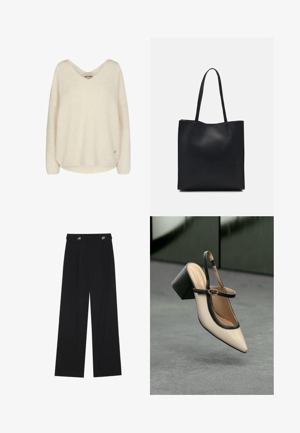 Maglione lavorato a maglia color crema con scollo a V, spalle scese e texture a coste. Presenta un piccolo logo su un'etichetta nella parte inferiore laterale.; Pantaloni neri a gamba larga con vita alta, dettagli con bottoni in vita e pieghe frontali.; Scarpa beige con punta a stivale, con rifiniture nere, fibbia dorata e tacco a blocco spesso su un pavimento grigio con sfondo verde scuro.; Borsa tote in pelle nera con texture liscia, forma rettangolare e due manici lunghi. Nessun hardware o decorazione visibile.