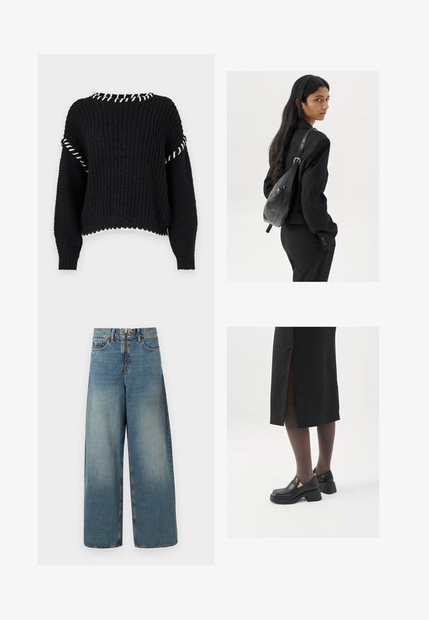 Pull en maille noire au design court, avec un bord blanc le long de l'encolure et des ourlets, et des manches amples avec une texture côtelée.; Débardeur blanc sans manches en tissu côtelé, doté d'un col rond et d'une silhouette ajustée, avec des coutures minimales et sans ornements.; Jeans en denim à jambes larges dans un délavage bleu clair. Dotés d'un zip et d'une fermeture à bouton, avec un délavage subtil pour un look usé.; Chaussures noires en cuir avec un bout arrondi, un épais talon bloc et des accents latéraux élastiques, associées à des bas foncés et une jupe noire avec une fente.; Femme avec de longs cheveux foncés portant un costume noir, portant un sac à épaule en cuir noir, regardant par-dessus son épaule contre un fond blanc.