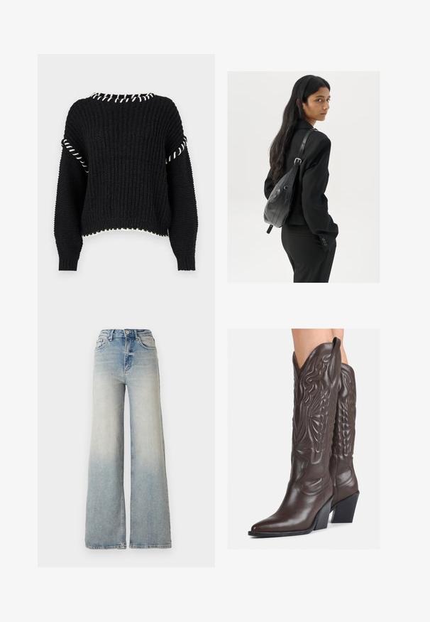 Black knitted sweater with a cropped design, white trim along the neckline and hems, and loose-fitting sleeves with ribbed texture.; Light blue wide-leg jeans made of denim, featuring a high waist, five pockets, and visible stitching along the seams.; Brown leather cowboy boots with pointed toe and block heel, featuring detailed stitching and raised accents on the shaft.; Woman with long dark hair wearing a black suit, carrying a black leather shoulder bag, looking over her shoulder against a white background.