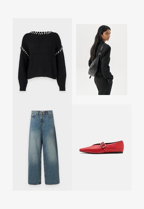 Pull en maille noire au design court, avec un bord blanc le long de l'encolure et des ourlets, et des manches amples avec une texture côtelée.; Jeans en denim à jambes larges dans un délavage bleu clair. Dotés d'un zip et d'une fermeture à bouton, avec un délavage subtil pour un look usé.; Ballerine en cuir rouge avec une pointe pointue, comportant une lanière sur le côté avec une boucle en métal et un petit talon noir. Texture lisse sur l'ensemble.; Femme avec de longs cheveux foncés portant un costume noir, portant un sac à épaule en cuir noir, regardant par-dessus son épaule contre un fond blanc.