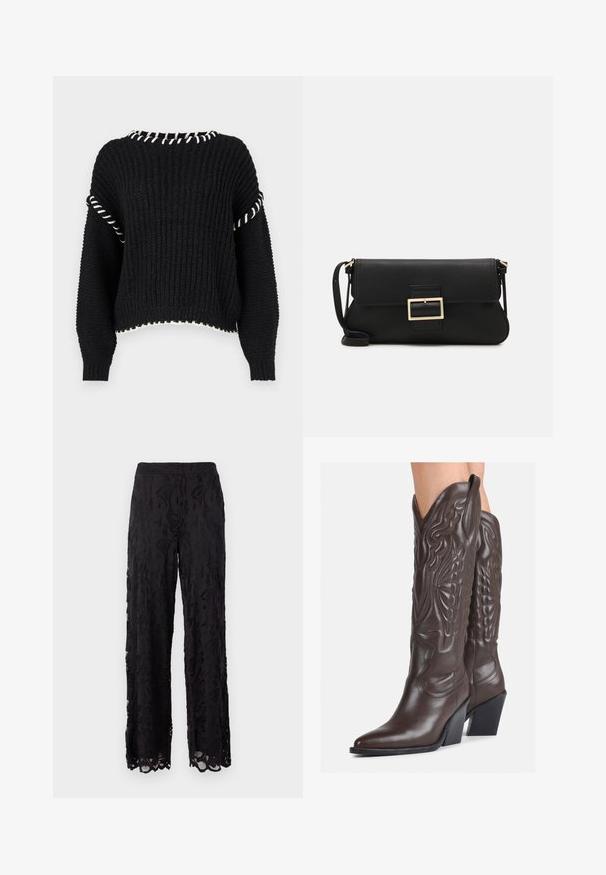 Black knitted sweater with a cropped design, white trim along the neckline and hems, and loose-fitting sleeves with ribbed texture.; Black wide-leg pants with a lace texture, featuring floral patterns and scalloped hems. Lightweight and flowy design for comfort.; Brown leather cowboy boots with pointed toe and block heel, featuring detailed stitching and raised accents on the shaft.; Black leather clutch bag with a flap and a gold metal buckle detail. Includes a black strap and a sleek, minimalist design.; Silver hoop earrings with a twisted design, featuring a polished finish and post-back closure. Measure approximately 3 cm in diameter.