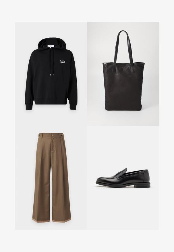 Melnā kapucē izgatavota no kokvilnas, ar priekšējo kenguru kabatu, aukliņu kapuci un baltu izšūtu logotipu uz krūtīm. Garas piedurknes ar ribotām aprocēm.; Plati bikses tumši brūnā audumā, ar divām sānu kabatām, diviem dekoratīviem priekšējiem pogām un kontrastējošu apakšējo malumu detaļu.; Melnas ādas kurpes ar gludu tekstūru, noapaļu purngalu un dekoratīvu siksniņu pāri priekšpusei. Zems sakrauts papēdis, minimālisma dizains.; Melnas auduma iepirkumu soma ar melnām ādas rokturiem. Vienkāršs dizains, plaša forma un gluda tekstūra. Nav redzamu logo vai rakstu.