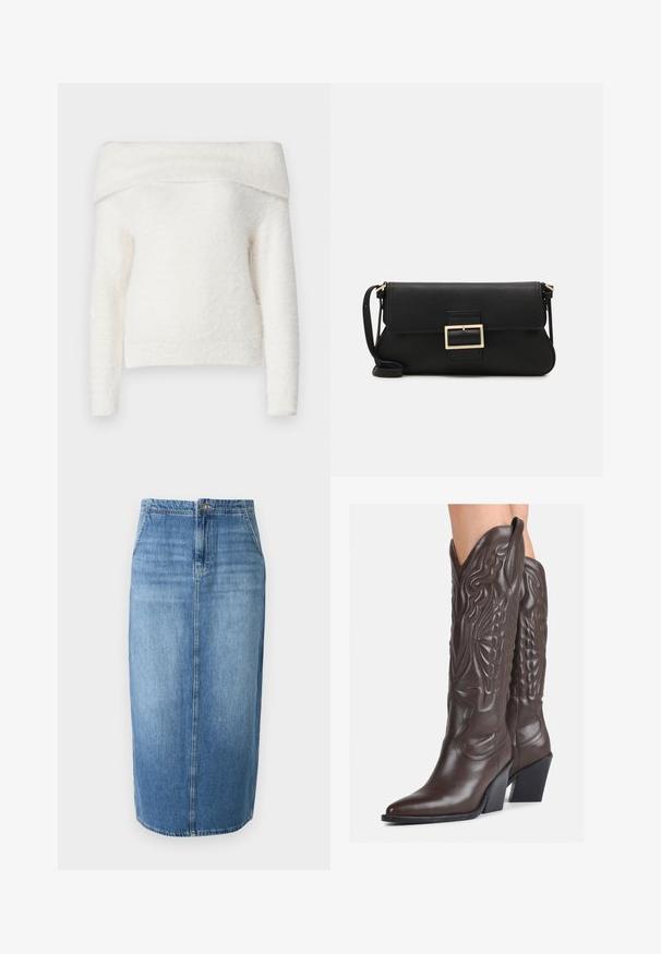 Noisy May NMHEIDI OFF SHOULDER - Jumper - eggnog; Denim pencil skirt in light blue featuring a straight cut, front button closure, and subtle fading. Hemline is just above the knee.; Brown leather cowboy boots with pointed toe and block heel, featuring detailed stitching and raised accents on the shaft.; Black leather clutch bag with a flap and a gold metal buckle detail. Includes a black strap and a sleek, minimalist design.