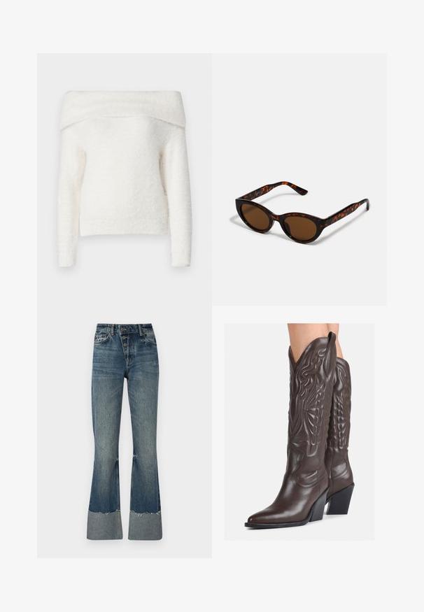 Noisy May NMHEIDI OFF SHOULDER - Neule - eggnog; Farkut lahkeet sinisessä keskikokoisessa sävyssä, korkealla vyötäröllä, viidellä napilla ja risareunalla. Laitassa on vaaleampi lahje ja kulunut tekstuuri.; Ruske nahkasaappaat, joissa on terävä kärki ja laatikkokorko, varustettu yksityiskohtaisella ompelulla ja kohotetuilla yksityiskohdilla varsiosassa.; Ruske tortoiseshell sunčane naočale s vintage mačkastim oblikom i smešnim sočivima. Ima zakrivljene okvire s crvenim akcentima.; Musta nahkainen kynäpenkkilaukku, jossa on läppä ja kultainen metallinen solkiyksityiskohta. Mukana musta hihna ja tyylikäs, minimalistinen muotoilu.; Kultaiset rengaskorvakorut, ohuet ja pyöreät, joissa on sileä metallipinta ilman koristeluja tai kuvioita.