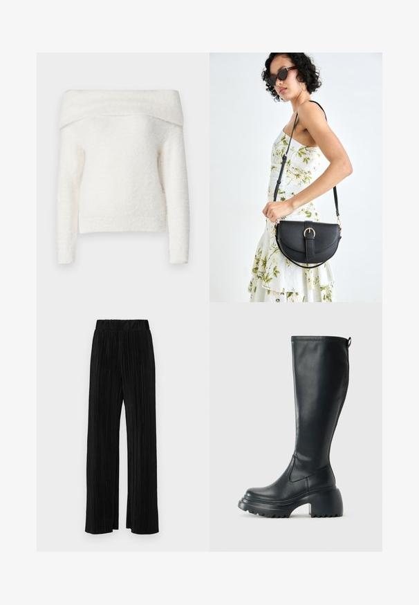 Noisy May NMHEIDI OFF SHOULDER - Jumper - eggnog; Black pleated trousers with an elastic waistband. Features wide legs and a smooth, textured fabric with vertical stripes.; Tall black leather boot with chunky platform sole and block heel, featuring pull tab and textured tread on outsole.; Black leather handbag with a curved shape, detachable strap, and gold hardware. The bag features a flap with a buckle detail.