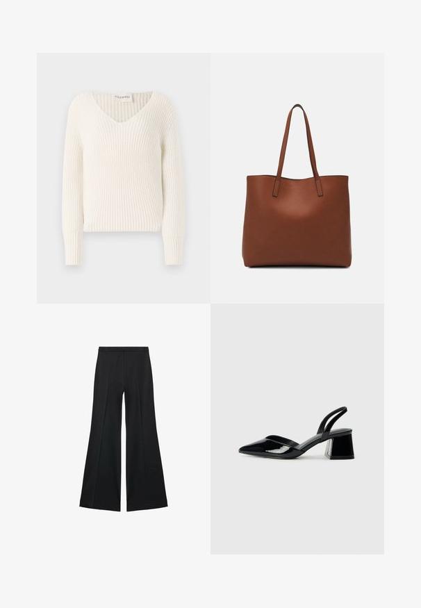 Bel bela pletena pulover s V-izrezom, dolgimi rokavi in sproščenim krojem. Na vratu je oznaka "CLOSED".; Črne široke hlače z gladko teksturo, ki imajo sprednje nabore in kroj po meri. Tkanina je lahka in zračna.; Črne lakirane slingback pete s koničastim nosom in geometrijsko blokasto peto. Imajo eleganten, minimalističen dizajn in gladko teksturo.; Rjava usnjena torba z gladko teksturo, odprto zasnovo zgoraj in dvema naramnima trakovoma. Opremljena je z minimalnim šivanjem in brez vidnih kovinskih delov.