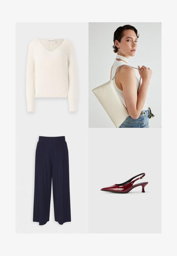 Bel bela pletena pulover s V-izrezom, dolgimi rokavi in sproščenim krojem. Na vratu je oznaka "CLOSED".; Široke hlače iz temno modrega blaga z rebrasto teksturo. Imajo gladek pas in tekoč silhueto, ki seže do sredine tele.; Burgundske paten kože slingback pete s oštrim nosom i elegantnom stiletto petom. Dizajn s otvorenom stražnjom stranom s podesivim detaljem na remenu oko gležnja.; Bela pravokotna torbica za ključe iz sijajnega materiala, opremljena s srebrno verižico. Model pozira in prikazuje torbico na enobarvni podlagi.