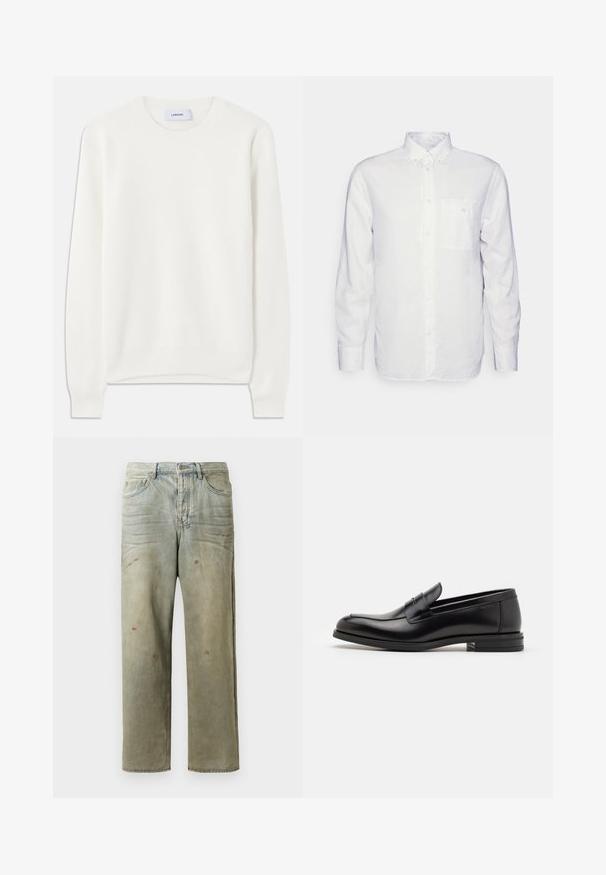 Biały sweter prążkowany z okrągłym dekoltem i długimi rękawami; charakteryzuje się miękką teksturą i subtelnym, równomiernym wzorem na materiale.; Biała koszula z długim rękawem wykonana z bawełny, z kołnierzykiem zapinanym na guziki, przednią kieszenią i regularnym krojem. Teksturowana tkanina o gładkiej powierzchni.; Zniszczone dżinsy w jasnym zielonym kolorze, z prostymi nogawkami, pięcioma kieszeniami oraz nierównomiernym blaknięciem i plamami farby.; Czarne skórzane mokasyny o gładkiej fakturze, zaokrąglonym nosku i dekoracyjnym pasku na przodzie. Niski, warstwowy obcas, minimalistyczny design.