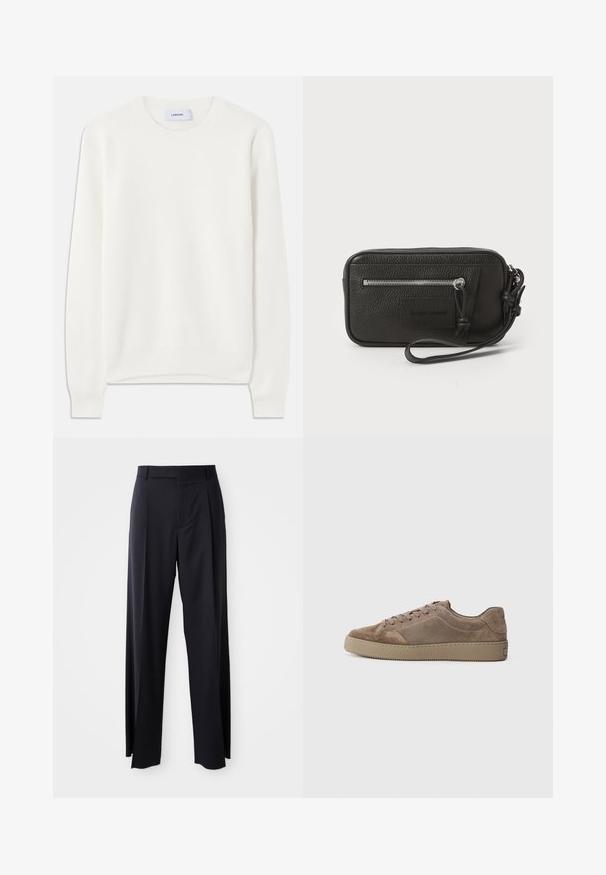 Pulover alb cu nervuri, cu decolteu rotund și mâneci lungi; prezintă o textură moale și un model subtil, uniform pe întreaga țesătură.; Pantaloni negri, cu talie înaltă și croi evazat, dintr-un material fin. Prezintă pliseuri frontale și buzunare cu curea. Design minimalist, fără accesorii vizibile.; Sneakeruri joase din suede maro, cu talpă din cauciuc plat, închidere cu șireturi și detalii cusute, prezentate din lateral pe un fundal simplu.; Plică din piele neagră cu suprafață texturată, buzunar frontal cu fermoar și curea pentru încheietura mâinii detasabilă. Dispune de un patch cu logo pe față. Formă rectangulară.