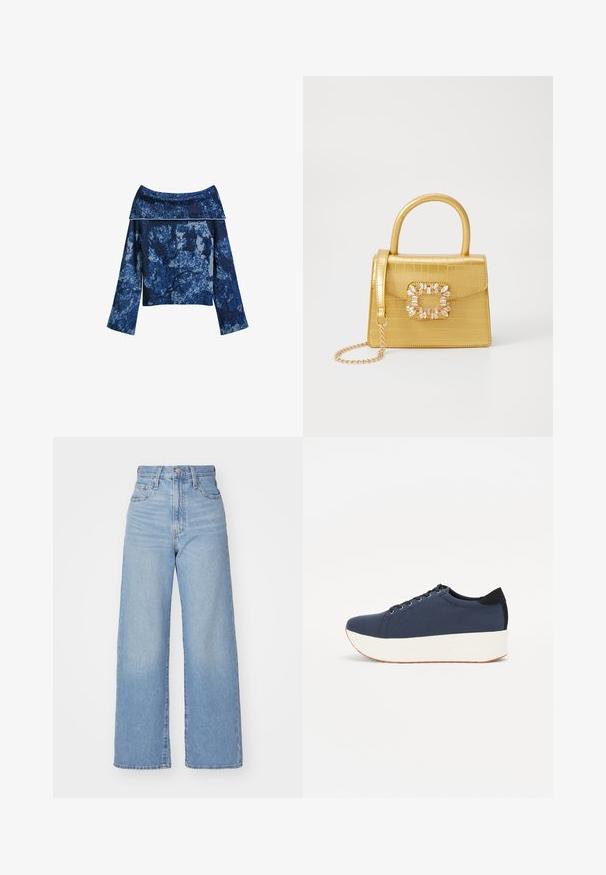 Mėlynas iškirptas megztinis su tekstūruotu mezgimu, turintis geometrinį raštą šviesesnėmis mėlynomis spalvomis ir plačiomis rankovėmis.; Šviesiai mėlynos aukšto liemens plačios kojos džinsai su priekiniais užtrauktukais ir sagom, priekinėmis ir galinėmis kišenėmis, ant baltos fono.; Tamsiai mėlynas sportinis batelis su tekstūruotu audiniu viršuje, baltu platformos padu, apvaliu pirštu ir juodu kulno akcentu.š. Yra šešios skylės raišteliams.; Geltonas dirbtinės krokodilo odos rankinukas su standžiu dizainu, viršutine rankena, nuimamu grandininiu dirželiu ir dekoratyviniu krištolo papuošimu ant užsegimo.