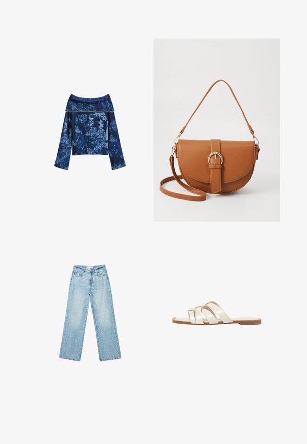 Schulterfreier dunkelblauer Pullover mit strukturiertem Strick, ausgestattet mit einem geometrischen Muster in hellblauen Farbtönen und weiten Ärmeln.; Helle blaue Denim-Jeans mit weitem Bein und hoher Taille, im lässigen Look mit einem ausgewaschenen Finish und kleinen, verstreuten Used-Effekten.; Flache Sandalen mit einer honigfarbenen Gummisohle, gestaltet mit drei überlappenden weißen Lederriemen und einem kleinen Schleifendetail in der Mitte.; Braune Leder-Crossbody-Tasche mit geschwungener Form, goldfarbenen Beschlägen und einer Schnallenakzentuierung. Verfügt über einen abnehmbaren Schultergurt.