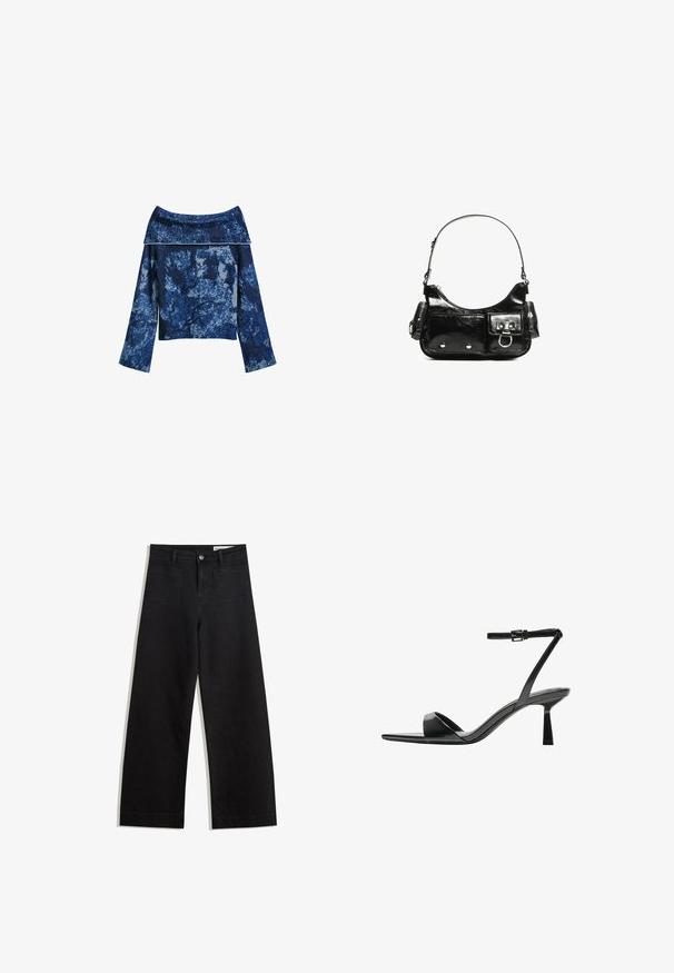 Musta sininen off-the-shoulder -neule, jossa on teksturoitu neulos, ja jossa on geometrinen kuvio vaaleammissa sinisissä sävyissä sekä leveät hihat.; Mustat leveät farkut korkealla vyötäröllä, joissa on etu- ja takataskut, ommellut saumat ja nappisuljenta. Silkinoinen rakenne.; Bershka Korolliset sandaalit - black; Mustekko mustasta kiiltonahasta valmistettu käsilaukku, jossa on kaareva muoto, yksi olkahihna, etutaskut ja hopeanväriset yksityiskohdat.