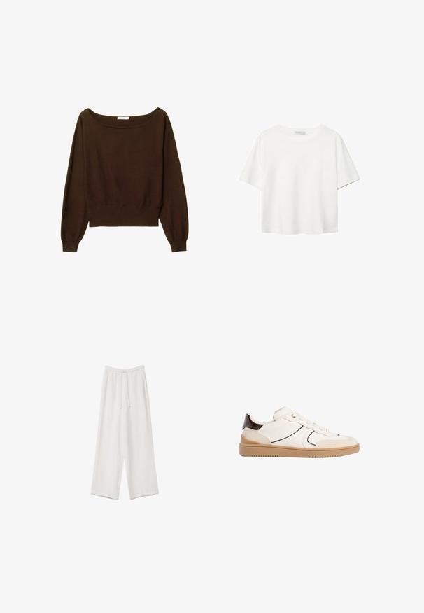 Bruine, cropped trui met een brede halslijn en lange, licht pofmouwen. Zachte textuur en geribbelde zoomdetails. Geen zichtbare sluitingen.; Witte korte mouwen t-shirt van katoen. Heeft een ronde halslijn en een ontspannen pasvorm. Glad textuur zonder zichtbare patronen of accenten.; Witte wijde broek gemaakt van een lichte stof. Voorzien van een elastische tailleband met een trekkoord en zijzakken. Zachte textuur.; Stradivarius Sneakers laag - white