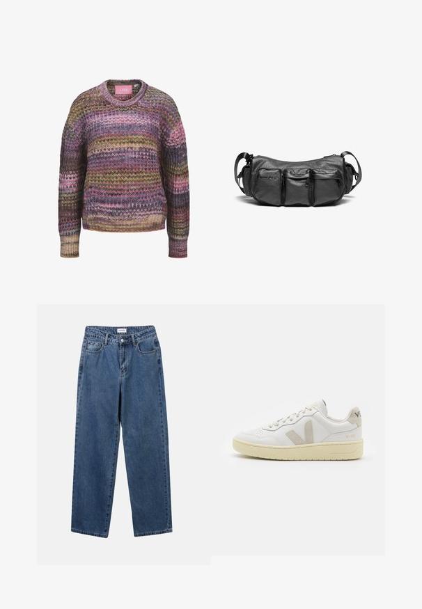 Pleteno pulover s krožno ovratnico, večbarvnimi črtami v roza, rumenih in zelenih odtenkih ter rebrastimi manšetami in robom. Material mešanica bombaža.; Klasične modre jeans hlače s ravnim krojem, petimi žepi in gumbom za zapiranje. Imajo srednje pranje in trdno teksturo.; Bela usnjena tenisača z bež semiš poudarki, perforiranim prednjim delom, ravnimi vezalkami in strukturiranim kremnim podplatom. Ima diskretno blagovno znamko na peti.; Črna usnjena torba čez ramo z teksturirano površino. Ima tri zunanje žepe in nastavljiv trak. Kompaktna, zaobljena oblika.