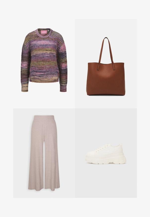 Neulepusero, jossa on pyöreä pääntie, moniväriset raidat vaaleanpunaisen, keltaisen ja vihreän sävyissä sekä ribbattu hihansuut ja helma. Puuvillasekoite.; Vaaleanharmaat, leveälahkeiset housut, jotka on valmistettu pehmeästä, nauhakoristeisesta kankaasta. Housuissa on korkea vyötärö ja täyspitkät lahkeet, joissa on hieno tekstuuri.; Valkoinen kangaskenkä paksulla pohjalla, pyöreällä kärjellä ja viidellä nauhakuutiolla. Takareunan vipu helpottaa pukemista. Sileä pinta, minimalistinen muotoilu.; Ruskea nahkainen olkalaukku, jossa on sileä pinta, avoin yläosa ja kaksi olkahihnaa. Omaavat vain minimaalisen ompelun eikä näkyvää metalliosaa.