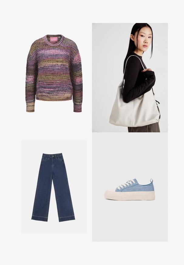 Sweter dzianinowy z okrągłym dekoltem, wielokolorowymi paskami w odcieniach różu, żółci i zieleni oraz ribbowanymi mankietami i dołem. Materiał z mieszanki bawełny.; Jeans o szerokich nogawkach w ciemnoniebieskim dżinsie. Posiada pięć kieszeni, szlufki na pasek oraz surowy dół z widocznymi detalami szwów.; Jasnoniebieskie płócienne sneakersy z kremowym czubkiem z gumy i podeszwą, z białymi sznurówkami i pętelką na pięcie.; Beżowa torebka wykonana z miękkiego materiału, charakteryzująca się luźnym fasonem, wyszywanymi detalami i dwoma uchwytami na ramię. Idealna na co dzień.